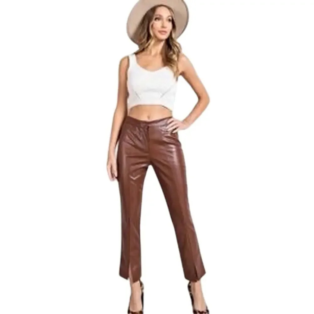 New WILDFOX  Brown Faux Leather Front Seam Ankle Slit High Rise Pants‎ Women’s L